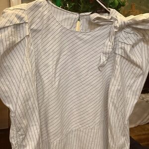 White Zara Blouse with Blue Pin Stripes, Puffed Long Sleeves and Bow on Sholuder